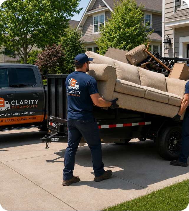 Clarity Cleanouts crew providing junk removal services in Northern Virginia by loading an old sofa and household items into a trailer.