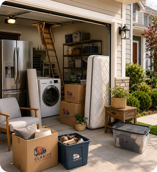 Household appliances, furniture, boxes, and storage bins prepared for professional garage cleanout services.