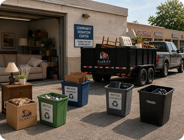 Clarity Cleanouts trailer at a community donation center with furniture and household items sorted for recycling, donation, and disposal.