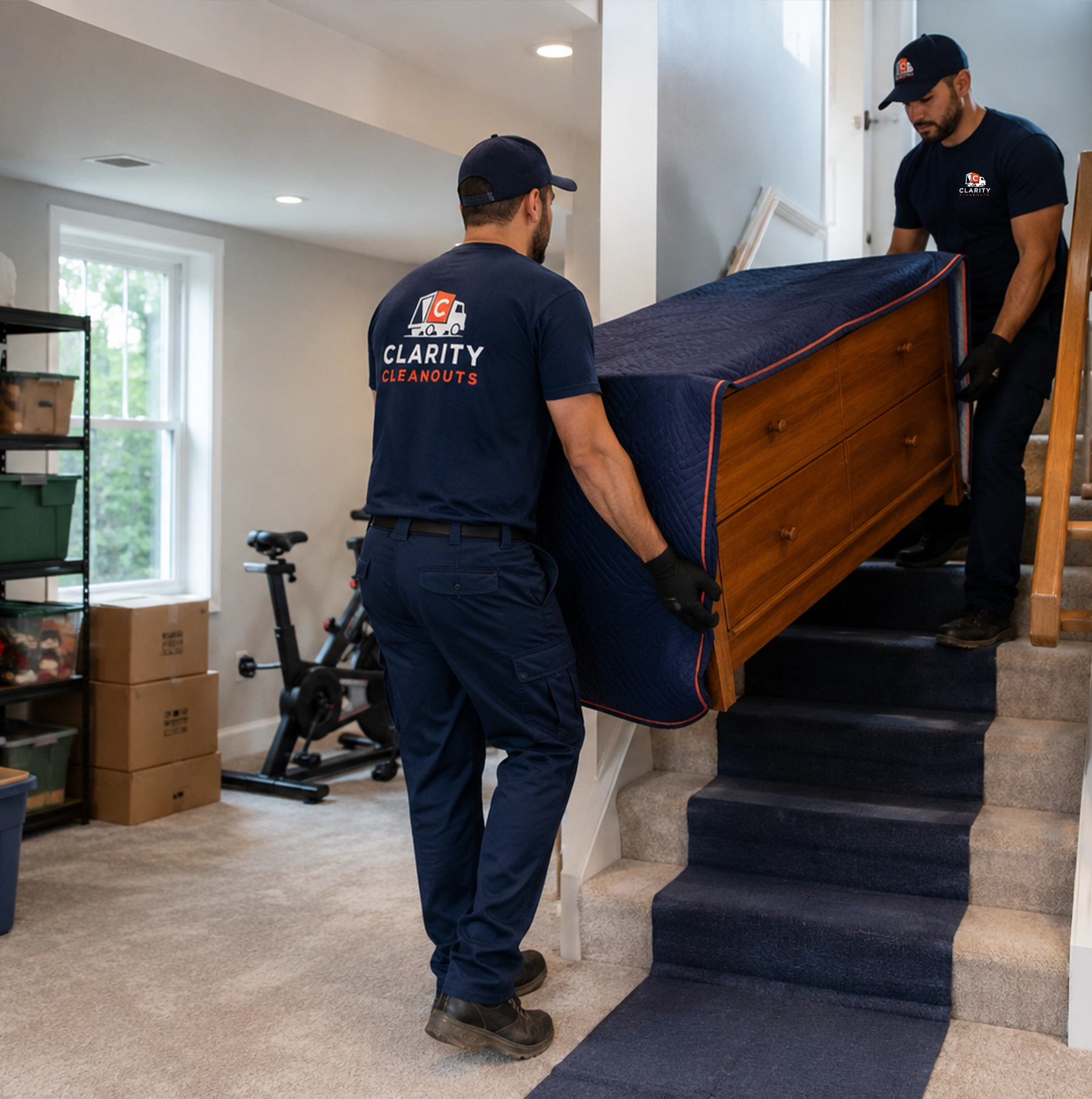 Clarity Cleanouts team carrying a dresser upstairs during professional basement cleanout services for a residential home.