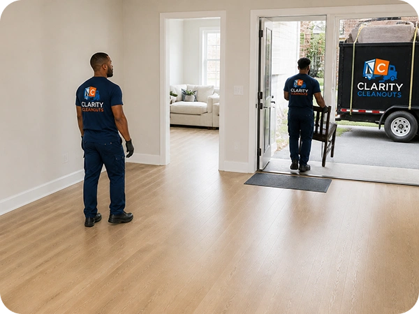 Clarity Cleanouts team providing furniture removal services by removing chairs from a residential home into a branded junk removal trailer.