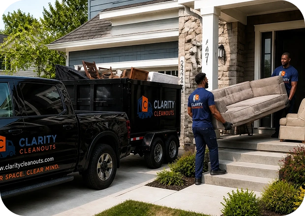 Clarity Cleanouts team providing furniture removal services by carrying a sofa from a residential home to a branded junk removal trailer.