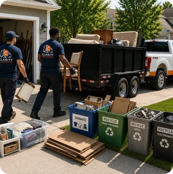 Clarity Cleanouts crew loading furniture into a junk removal trailer while sorting recyclable and donated items at a residential garage.