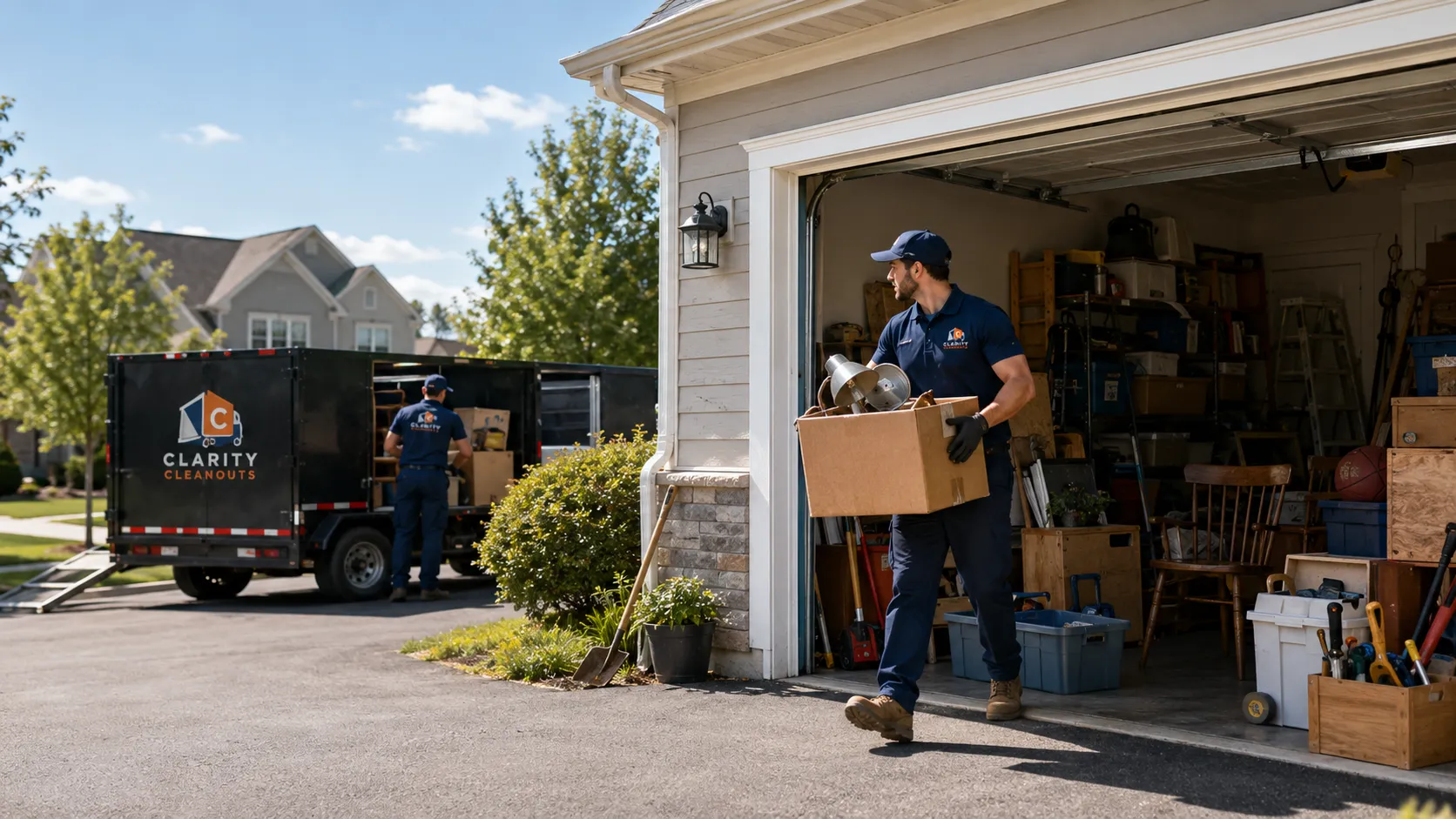 Clarity Cleanouts team performing a garage cleanout at a Northern Virginia home, carrying boxes from an open garage to a branded trailer.