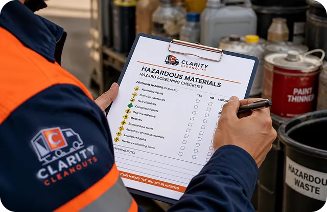Clarity Cleanouts worker completing a hazardous materials screening checklist during a junk removal assessment.