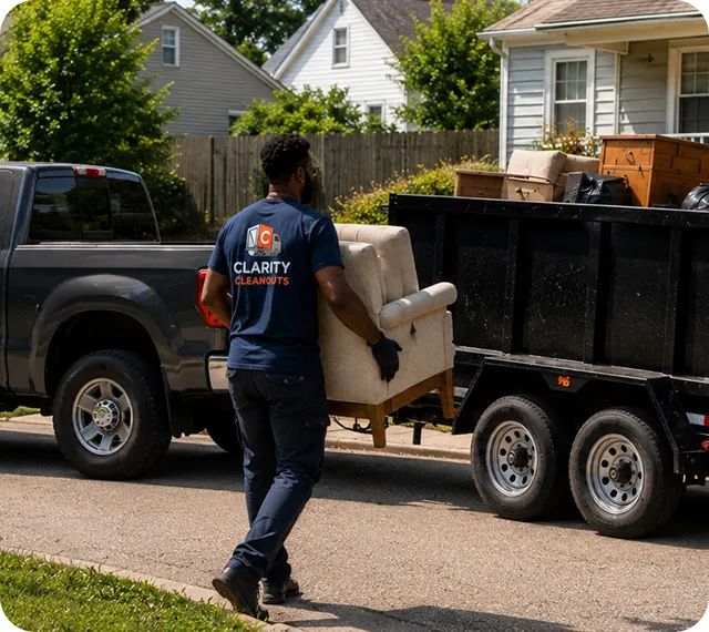 Clarity Cleanouts crew member carrying an armchair to a junk removal trailer at a Northern Virginia home.