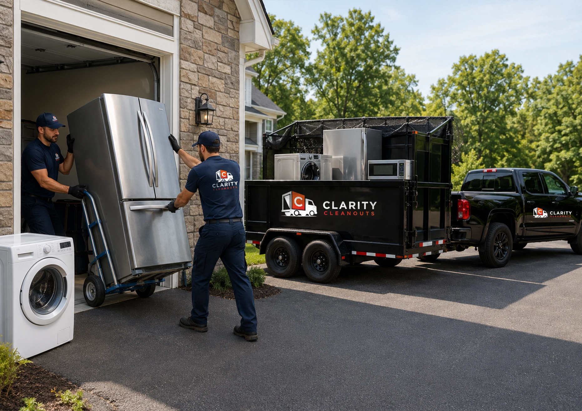 Clarity Cleanouts crew providing appliance removal services by loading a refrigerator from a residential garage into a removal trailer