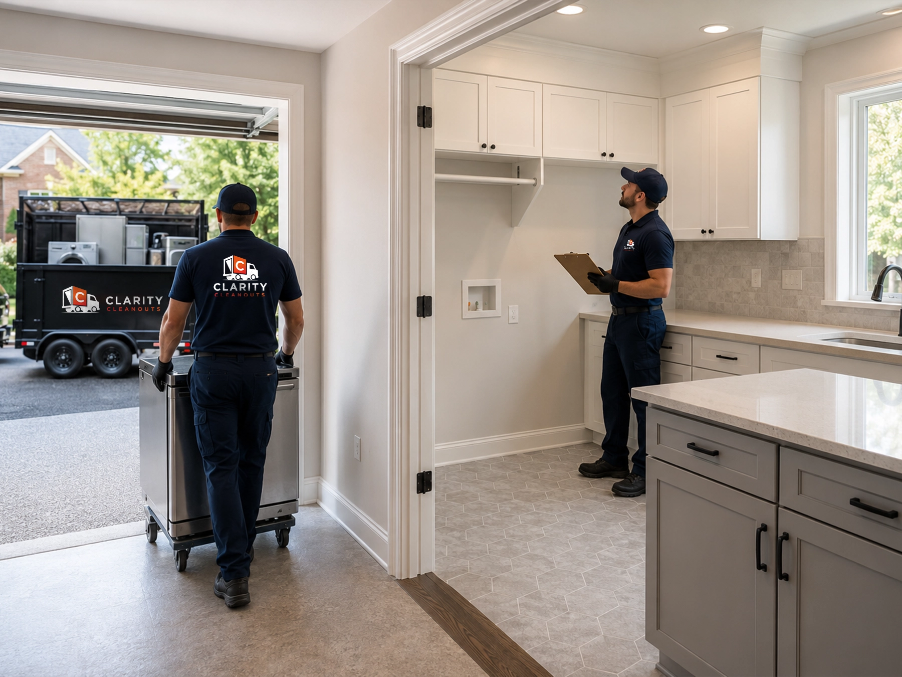 Clarity Cleanouts crew removing a household appliance from a home with a branded trailer parked outside for professional appliance removal services.