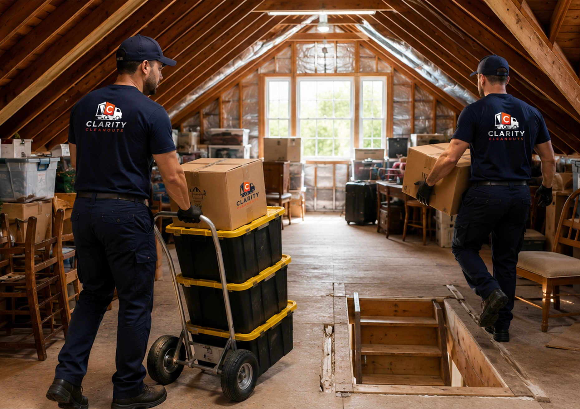 Clarity Cleanouts team providing attic cleanout services by removing storage bins, boxes, and household items from a residential attic.