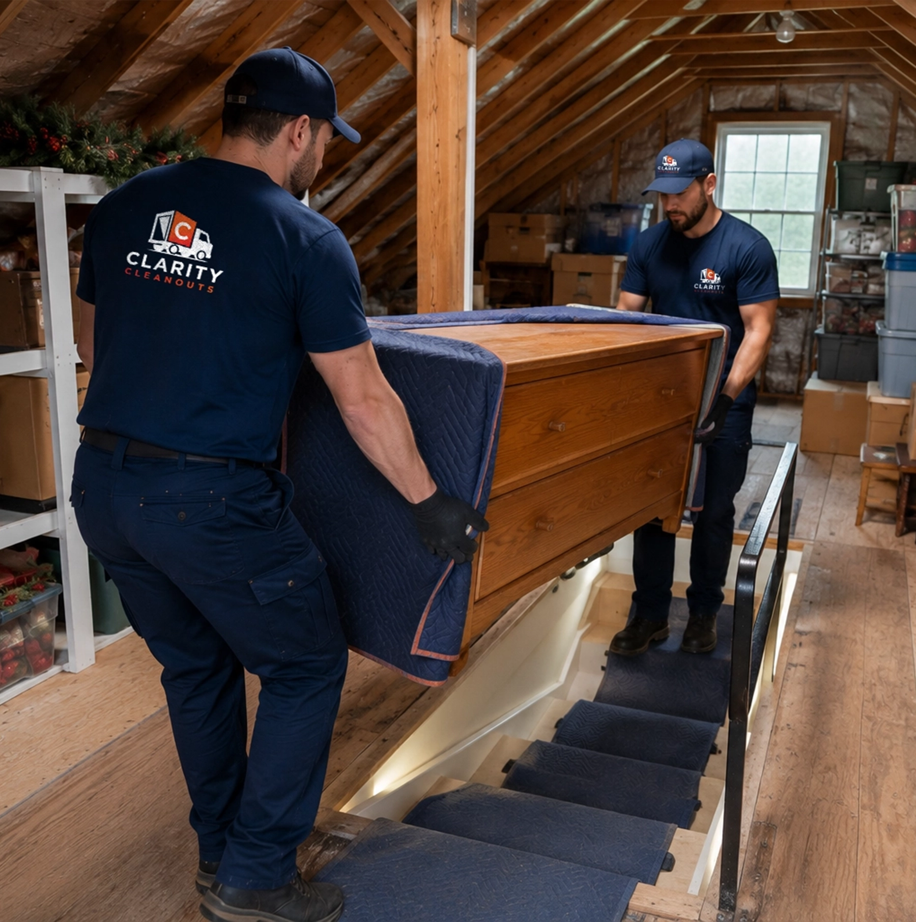Clarity Cleanouts team removing a dresser from a residential attic during professional attic cleanout services.