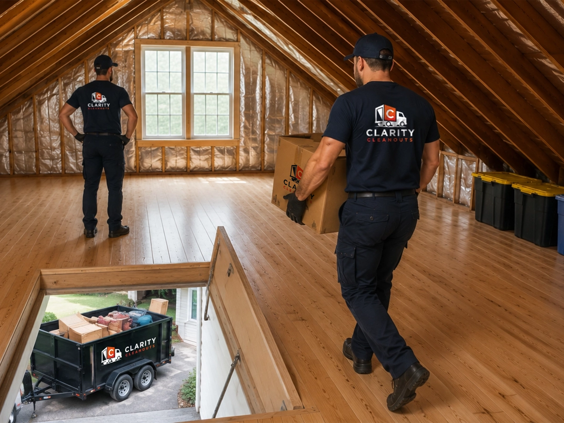 Clarity Cleanouts team completing professional attic cleanout services by clearing storage boxes and creating a clean, open attic space.