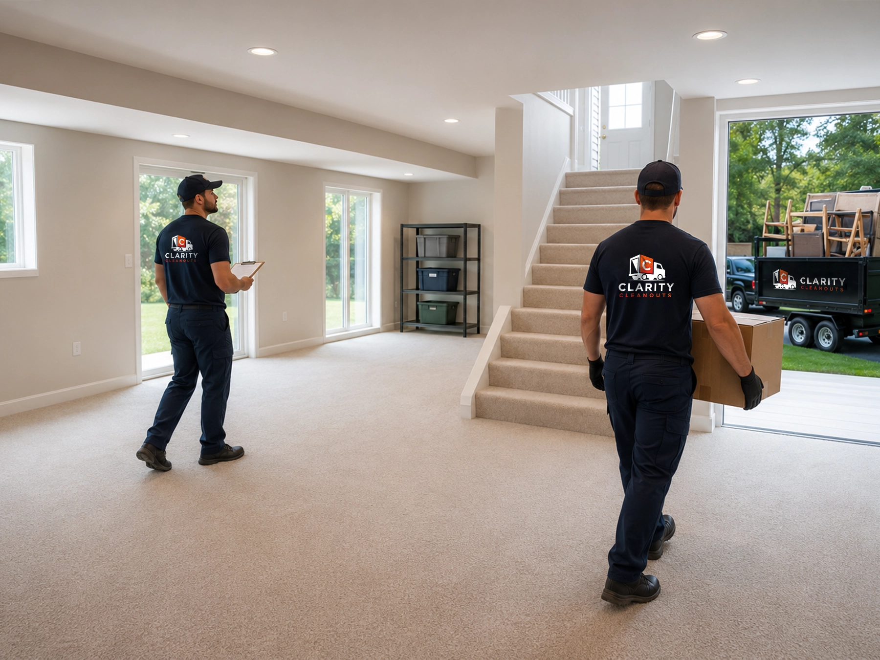 Clarity Cleanouts team completing professional basement cleanout services in a residential home with a cleared basement and items being removed for disposal.