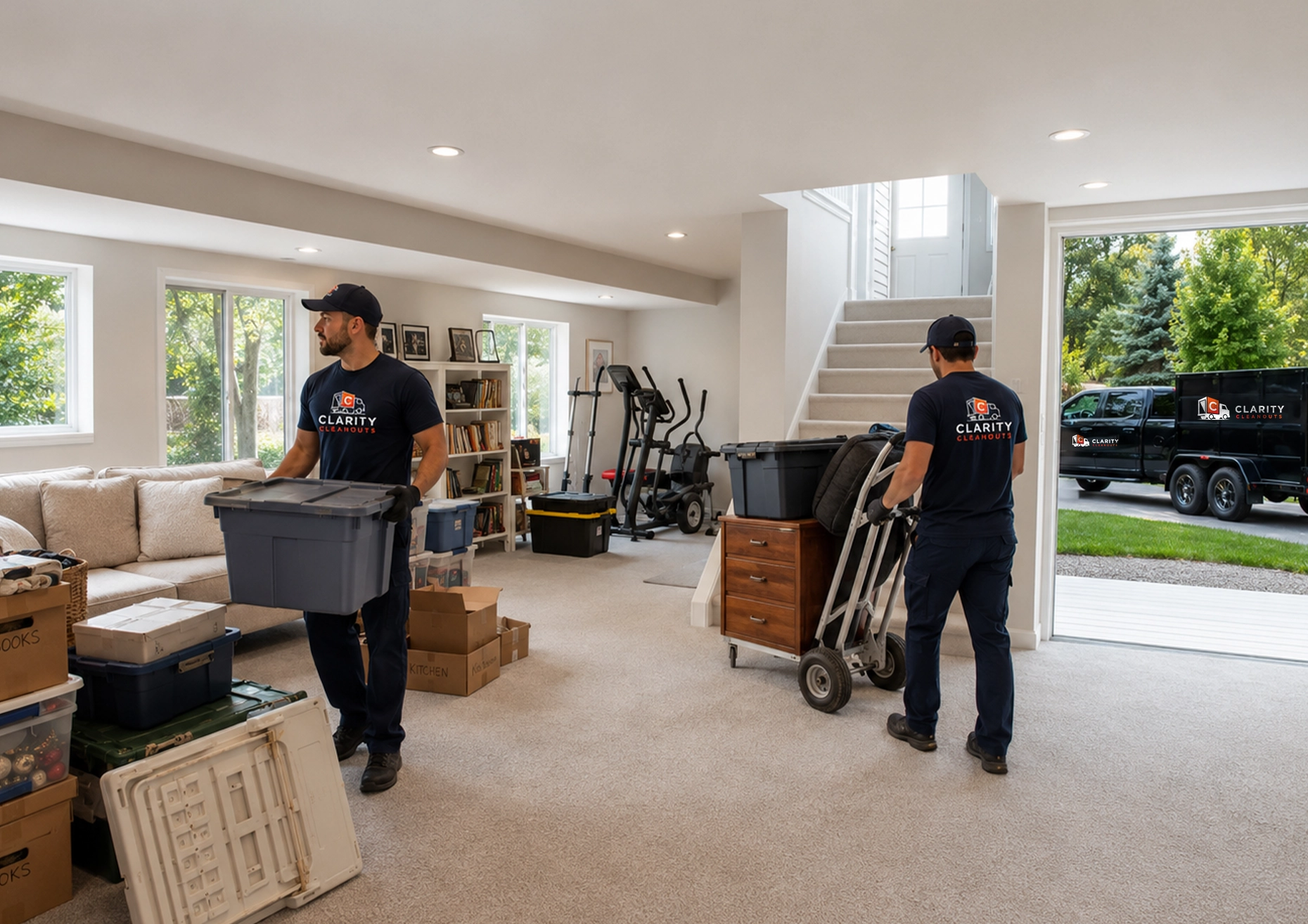 Clarity Cleanouts team providing basement cleanout services by removing storage bins, furniture, and household items from a residential basement.