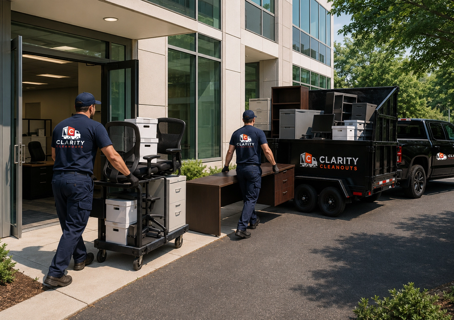 Clarity Cleanouts team providing commercial cleanout services by removing office furniture, filing cabinets, and equipment from a commercial building.