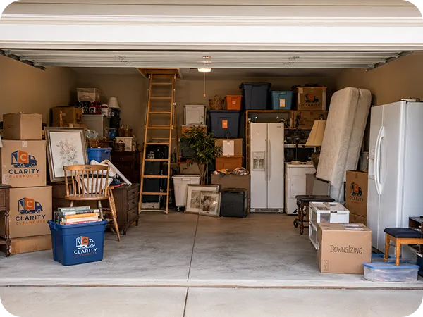 Cluttered residential garage filled with boxes, furniture, appliances, and household items ready for professional garage cleanout services.