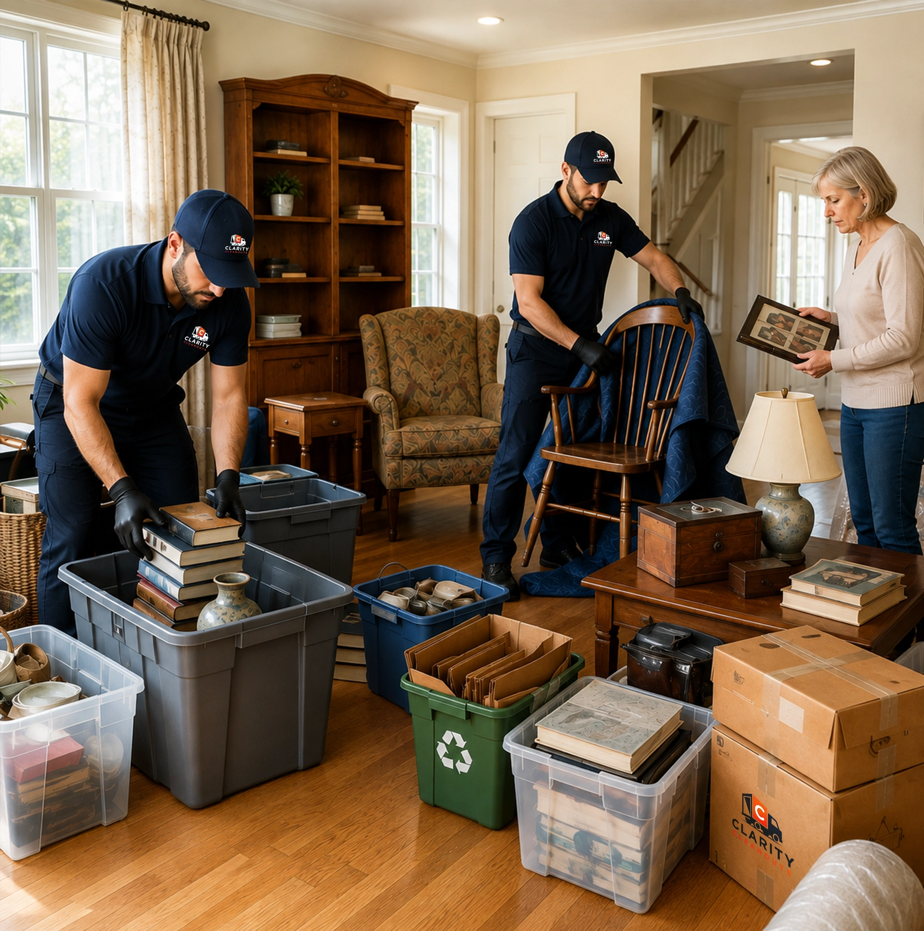Clarity Cleanouts crew sorting household belongings during professional downsizing cleanout services in Northern Virginia.