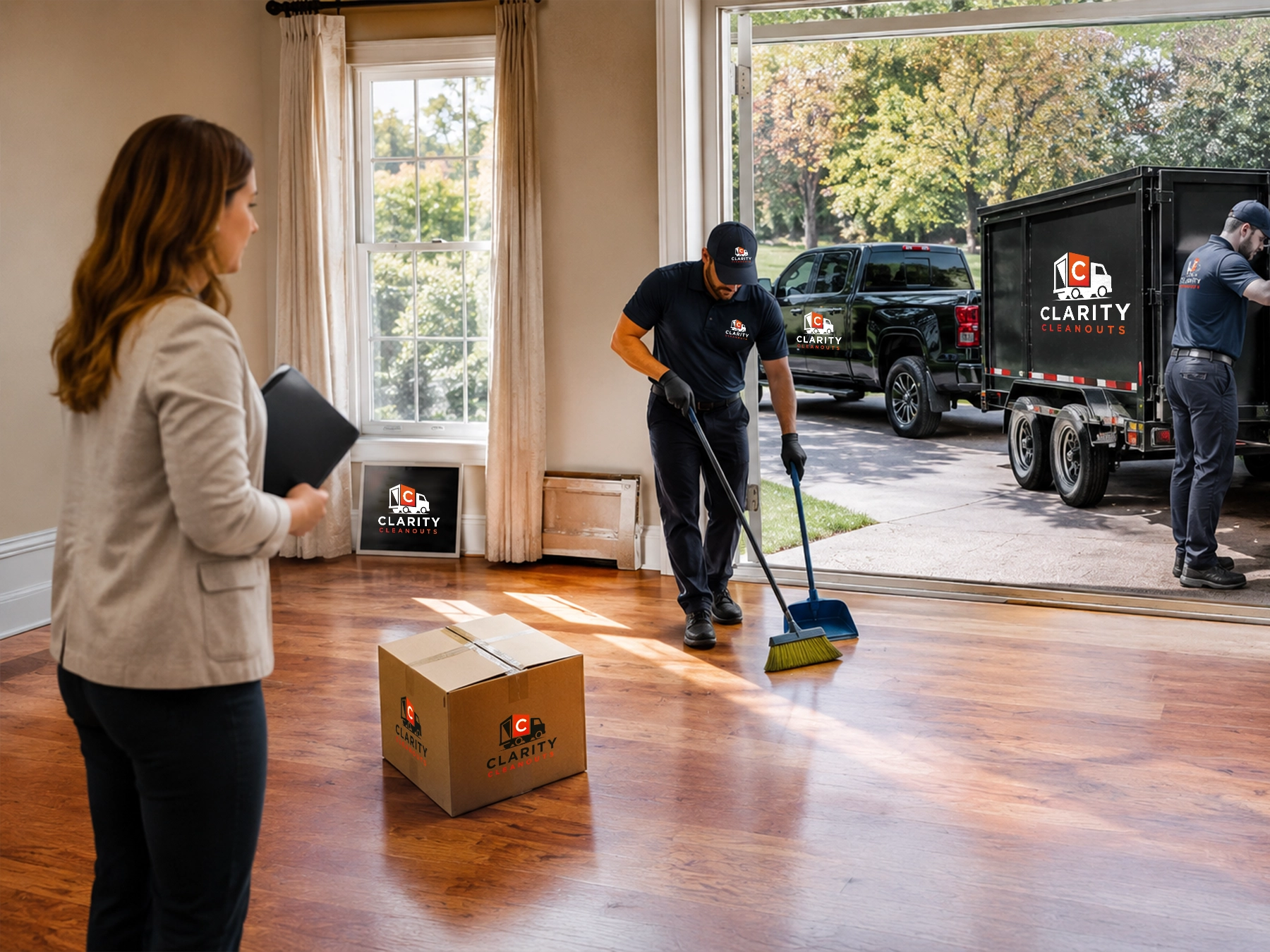 Clarity Cleanouts crew completing an estate cleanout and sweeping an empty room while a homeowner reviews the finished space.