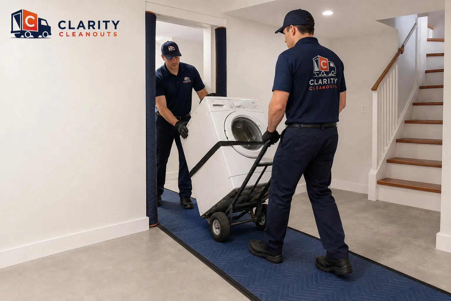 Clarity Cleanouts crew safely moving a washing machine with an appliance dolly and floor protection in a Northern Virginia home.