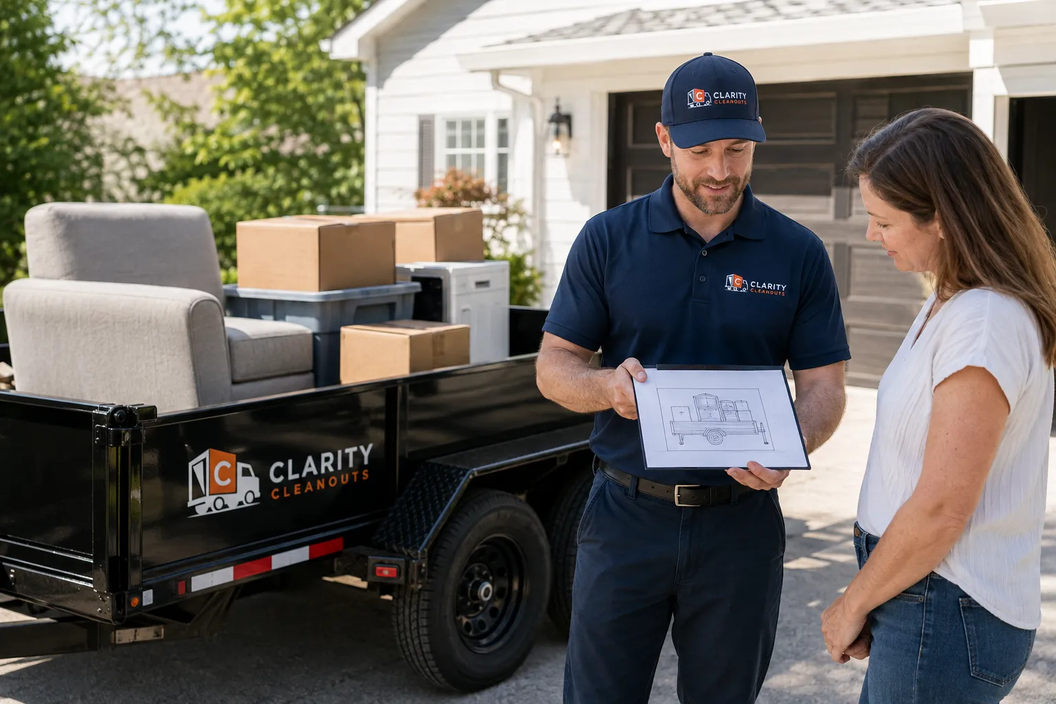 Clarity Cleanouts crew leader reviewing a written junk removal estimate with a homeowner beside a partially loaded branded trailer in a Northern Virginia driveway.