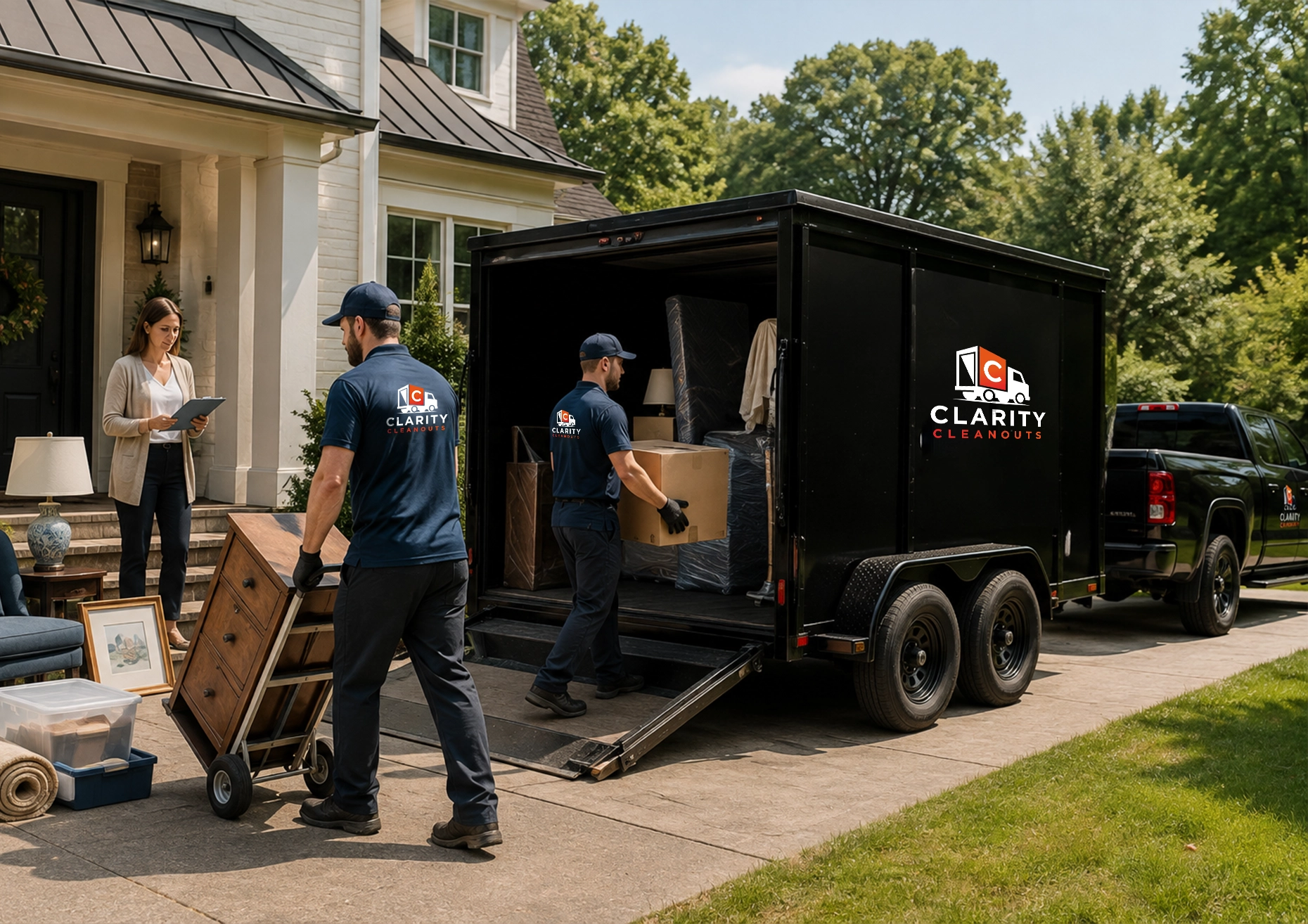 Clarity Cleanouts crew loading furniture and household items into a branded trailer during a residential cleanout in Northern Virginia.