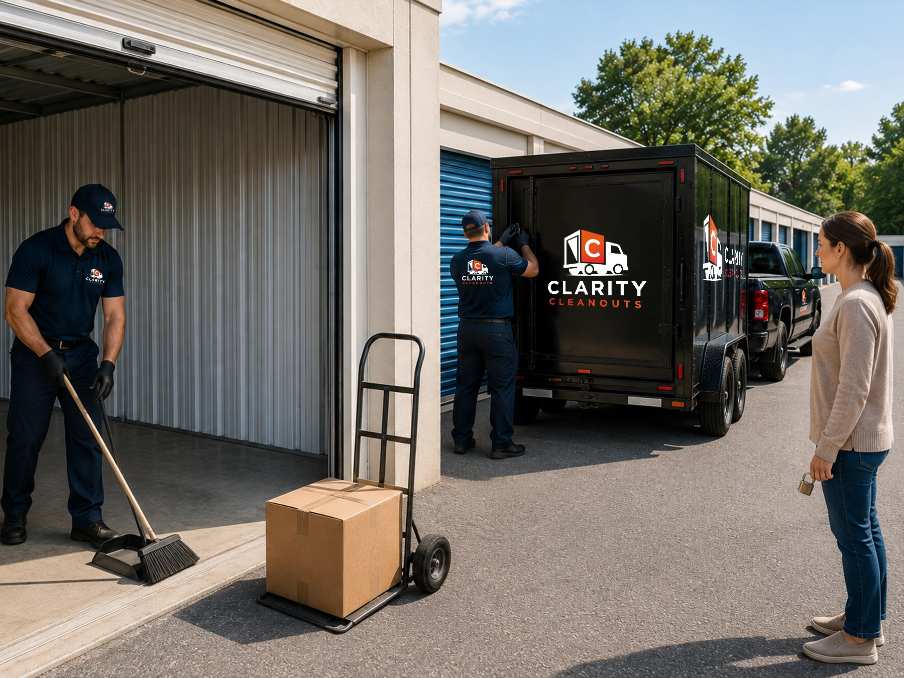 Clarity Cleanouts crew sweeping an emptied storage unit and securing the trailer after a storage unit cleanout in Northern Virginia.