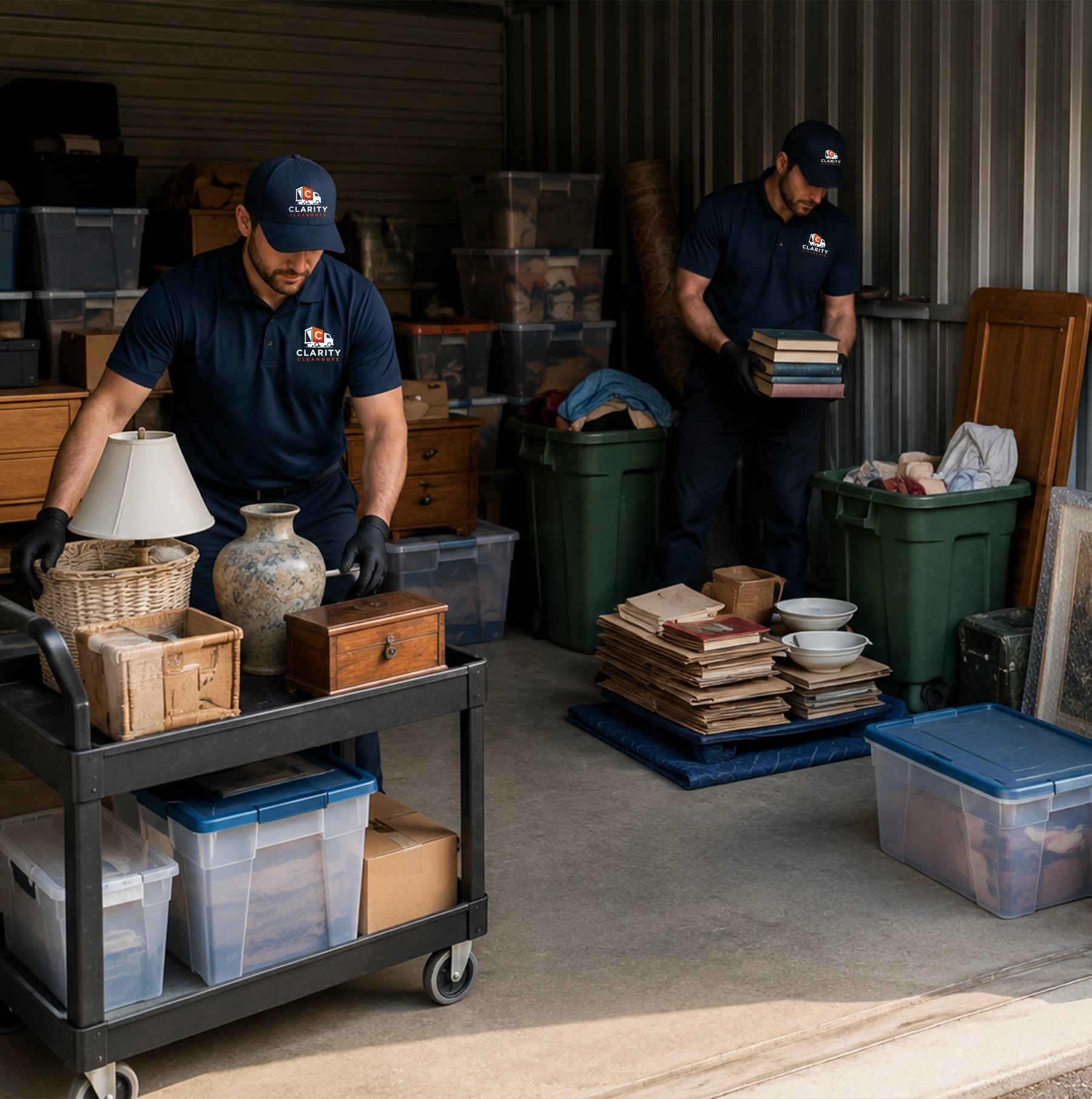 Clarity Cleanouts crew sorting books, housewares, storage bins, and furniture during a storage unit cleanout in Northern Virginia.
