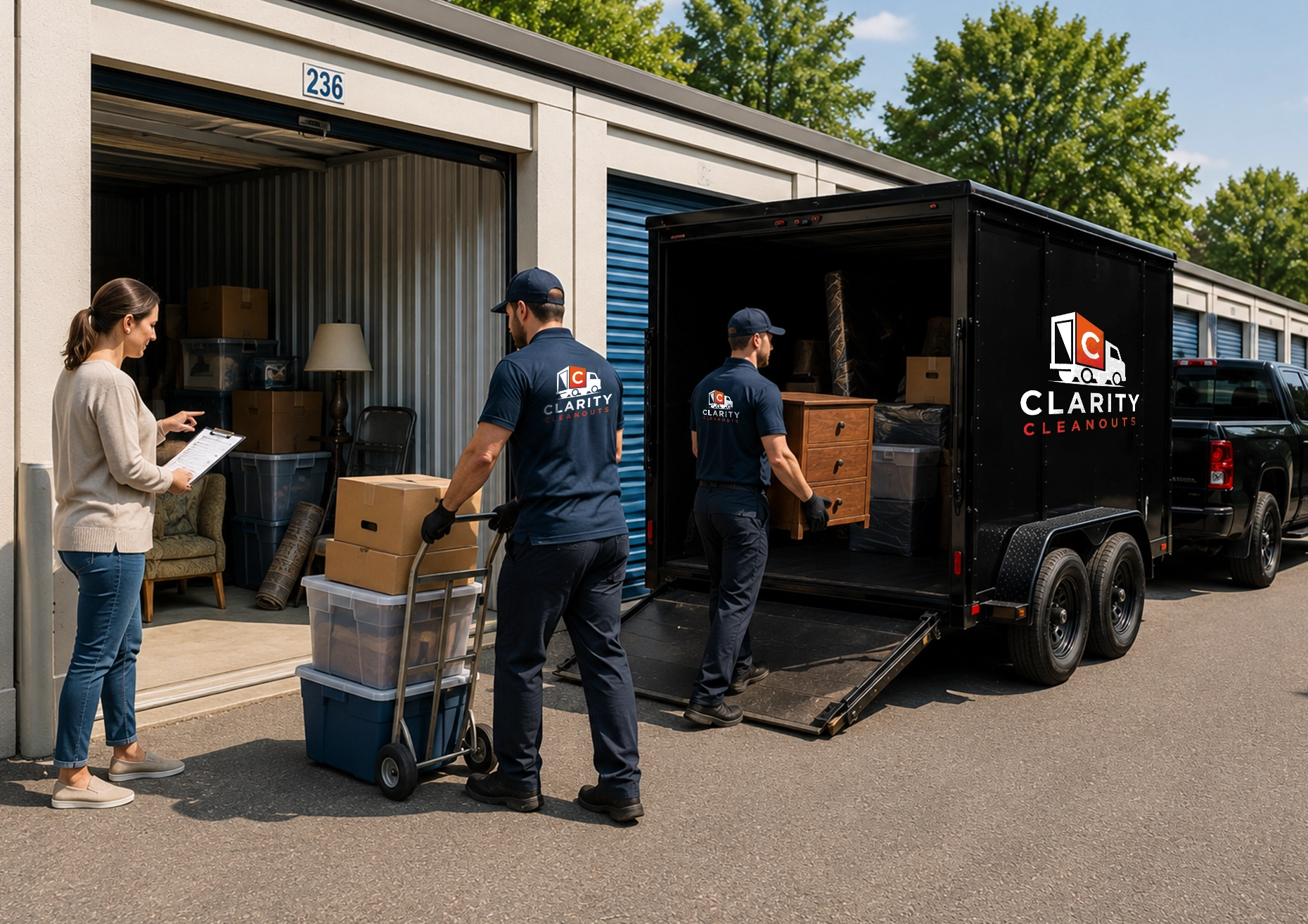Clarity Cleanouts crew loading boxes, storage bins, and furniture during a storage unit cleanout in Northern Virginia.