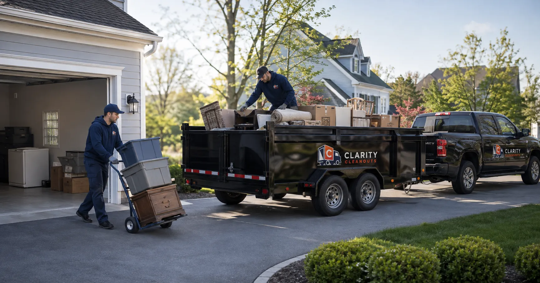 Clarity Cleanouts crew loading household items into a branded dump trailer during a junk removal job at a Northern Virginia home.