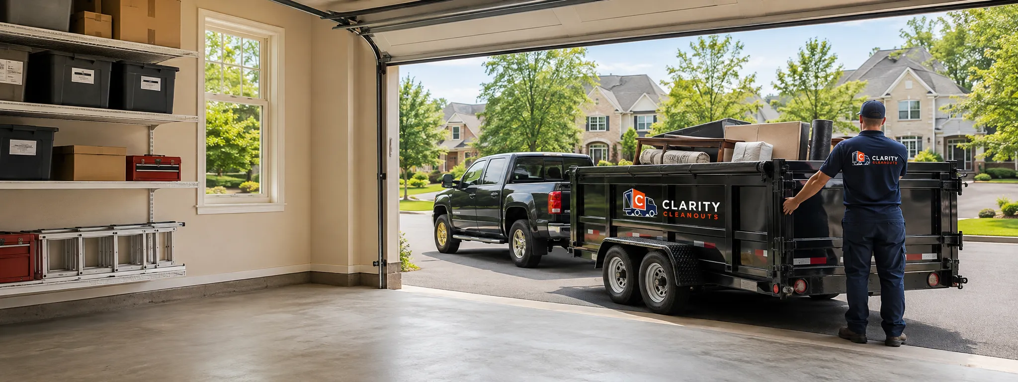 Clarity Cleanouts crew member securing a branded dump trailer outside a clean, cleared garage at a Northern Virginia home.